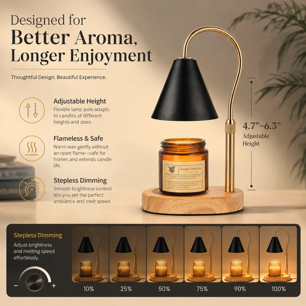 A gold-toned adjustable flameless candle warmer lamp with a black shade sits on a wooden base.