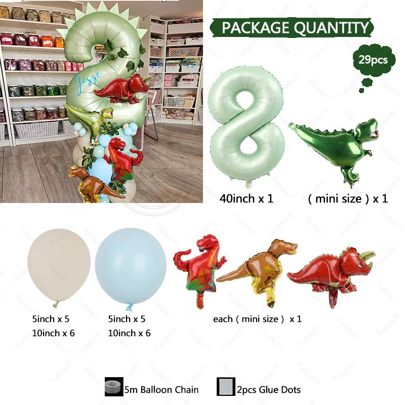 Ein Set aus grünen und roten Dinosaurierballons, darunter ein großer Spiralballon, kleine Dinosaurier und Klebepunkte.