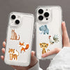 A hand holds a clear phone case featuring various animal stickers like a cat, elephant, and tiger.