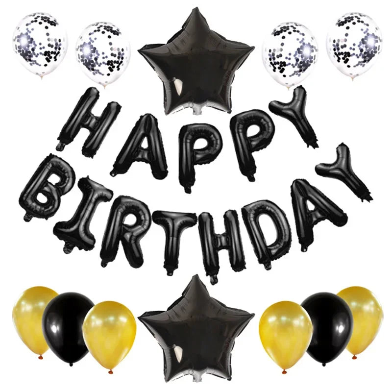A collection of 25 rose gold foil letter balloons shaped like letters and a star for birthday parties