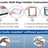 Instructions for using an acrylic wall sign holder, showing steps to tear film, remove backing, and insert paper.
