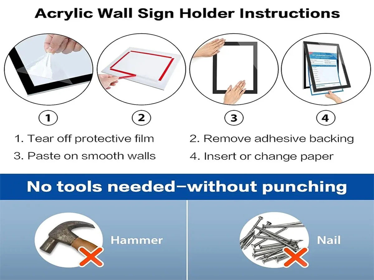 Instructions for using an acrylic wall sign holder, showing steps to tear film, remove backing, and insert paper.