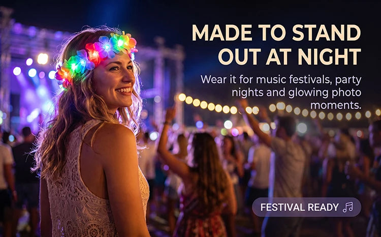 A woman wearing an LED flower crown headband with glowing lights at a night music festival.