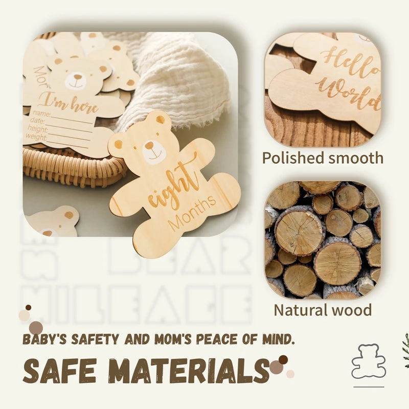 A set of wooden baby milestone cards featuring a bear design, showing polished smooth and natural wood textures.