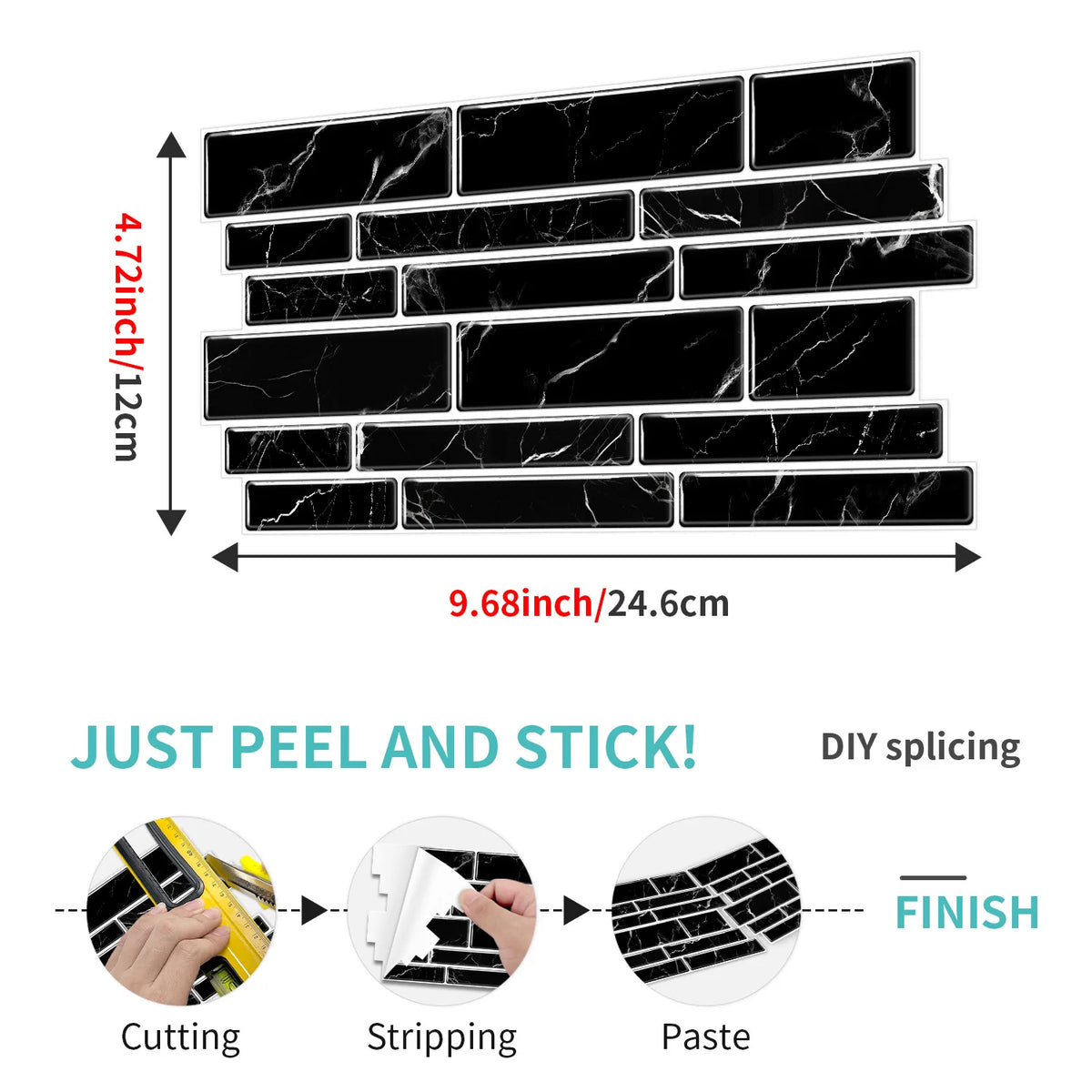 DIY self-adhesive marble wall tiles for interior decoration showing the process of cutting, stripping, and applying the finis