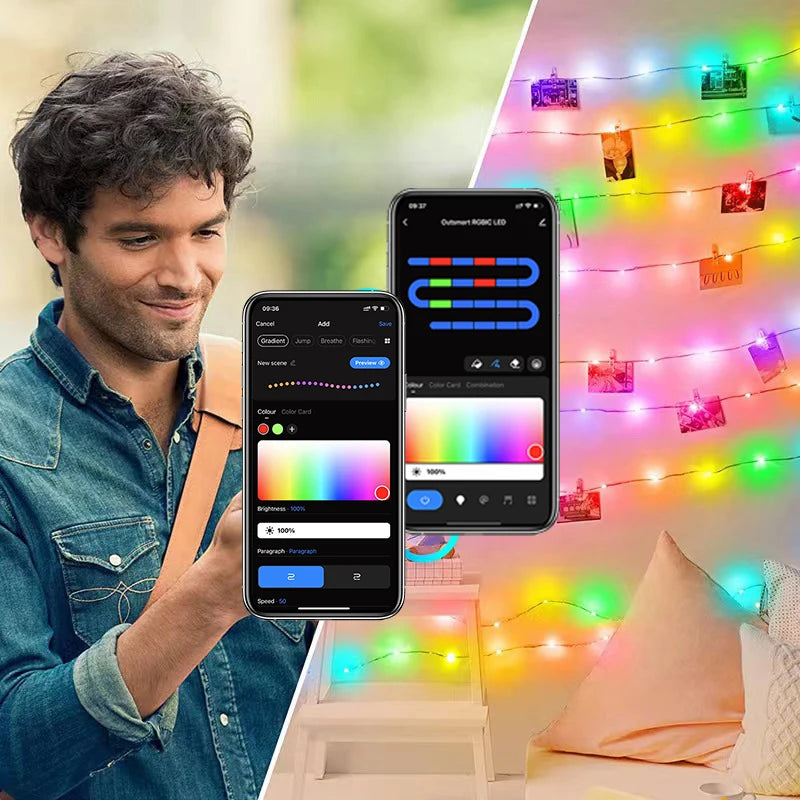 A man is shown next to an application interface displaying color changing LED fairy string lights.