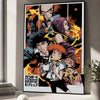 A poster featuring characters from Cowboy Bebop in a dynamic, stylized illustration with orange and yellow accents.