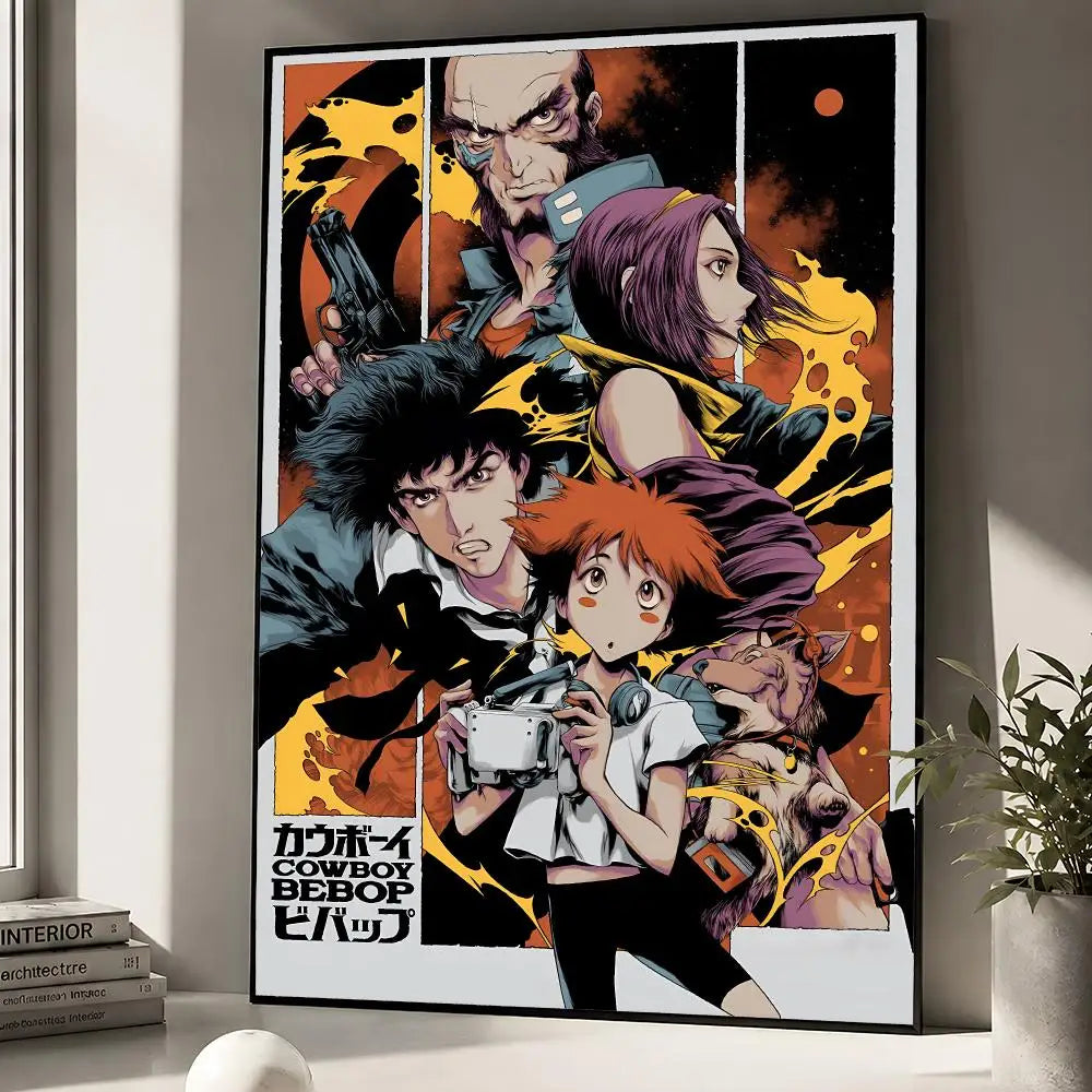 A poster featuring characters from Cowboy Bebop in a dynamic, stylized illustration with orange and yellow accents.