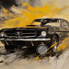 A vintage black sports car is depicted in a dynamic oil painting style with bright yellow light streaks.