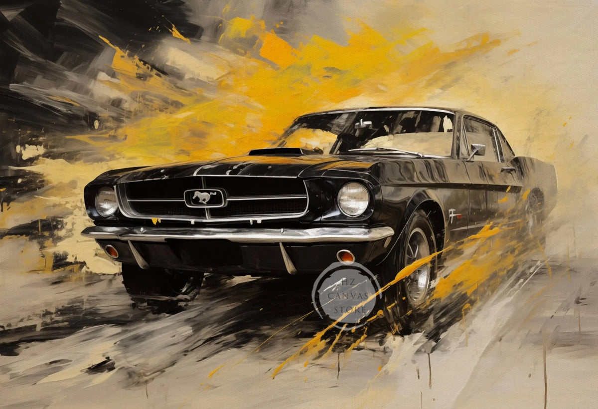 A vintage black sports car is depicted in a dynamic oil painting style with bright yellow light streaks.