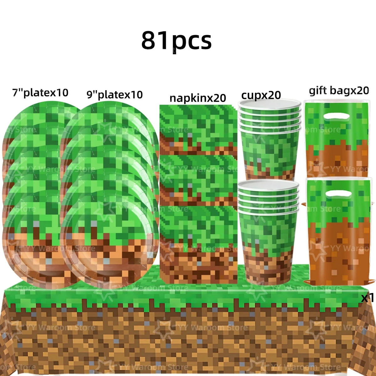 A set of 81 pieces of green miner theme party decoration including plates, cups, and napkins.