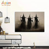 Dark gothic wall art canvas print featuring three shadowy witches silhouettes against a misty background