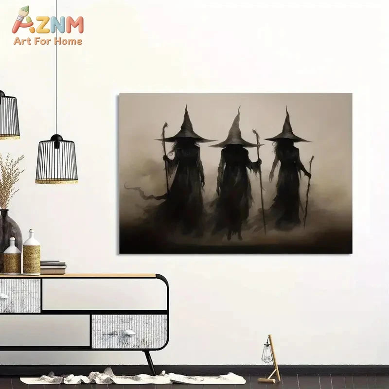 Dark gothic wall art canvas print featuring three shadowy witches silhouettes against a misty background