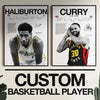A framed canvas wall art featuring portraits of basketball legends Haliburton and Curry.
