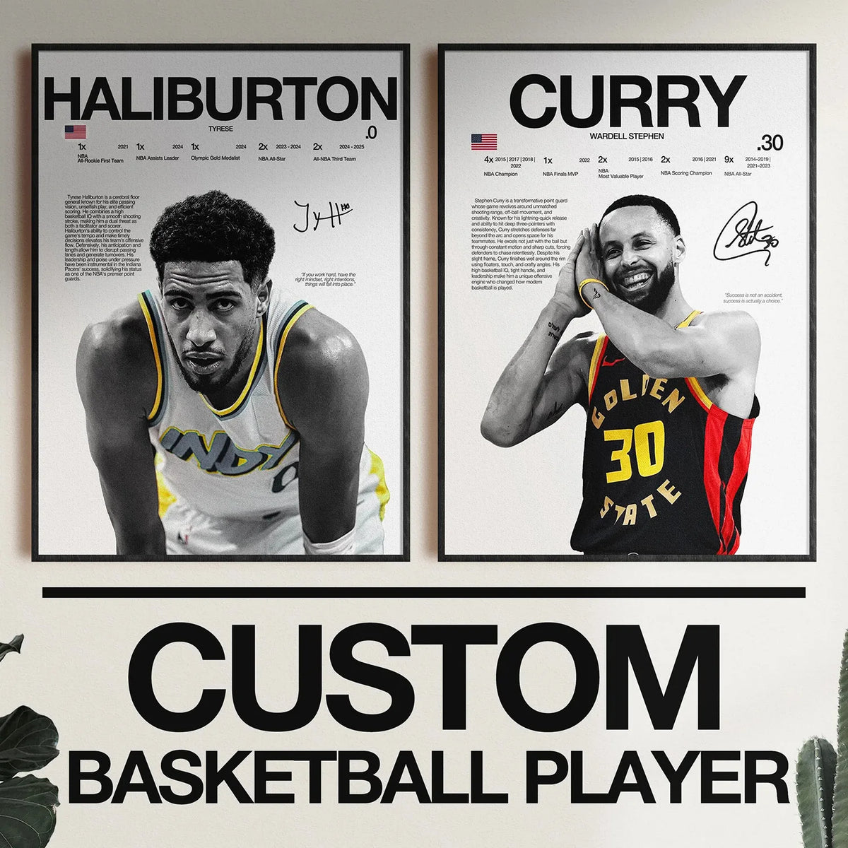A framed canvas wall art featuring portraits of basketball legends Haliburton and Curry.