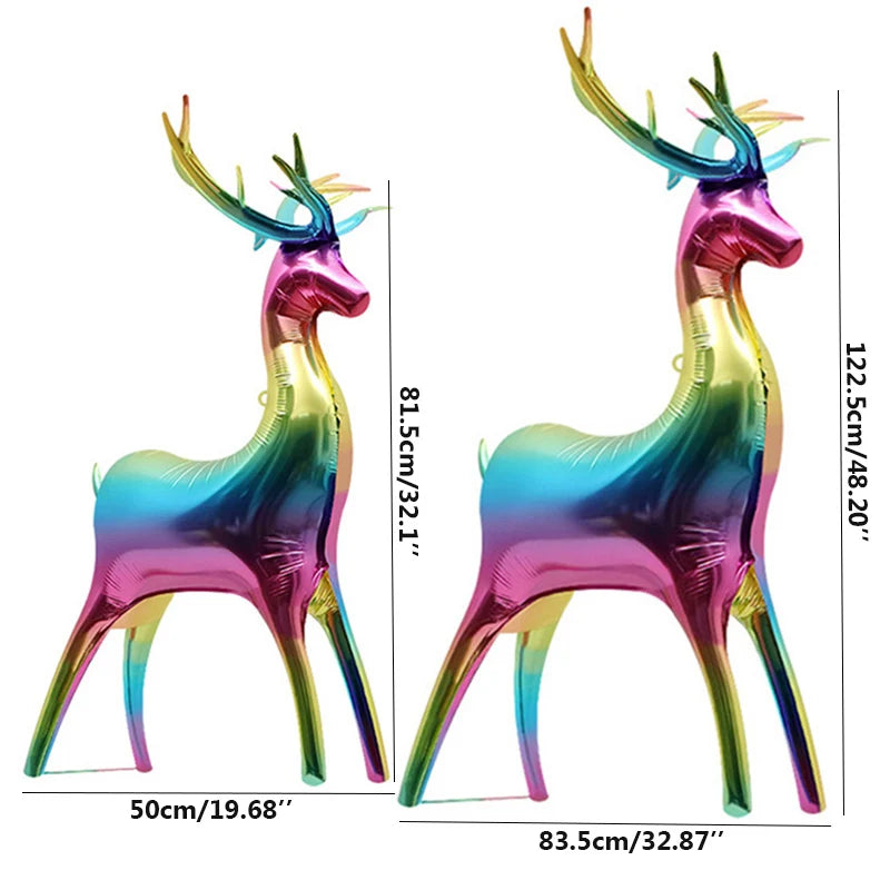 A set of two iridescent foil balloons shaped like deer standing, featuring a rainbow gradient finish.