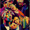 A vibrant, stylized poster featuring multiple portraits of Tupac Shakur in various colors and lighting.
