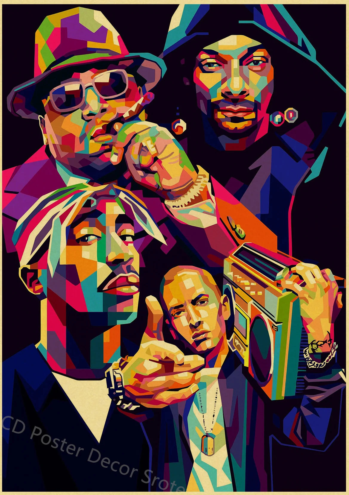 A vibrant, stylized poster featuring multiple portraits of Tupac Shakur in various colors and lighting.