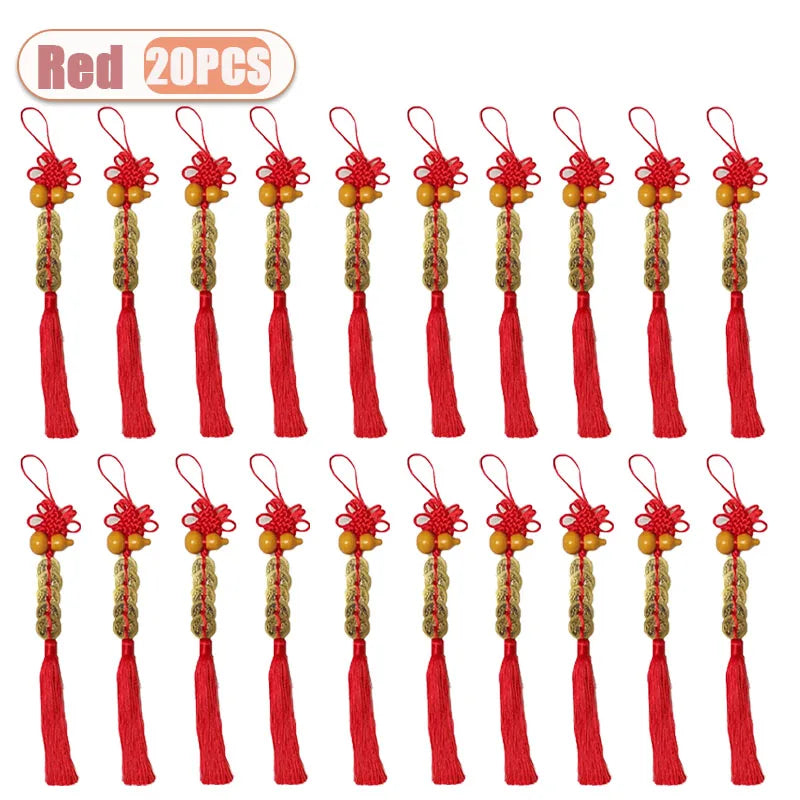 Set of 20 red traditional Chinese knot pendants featuring wooden gourds and copper coins