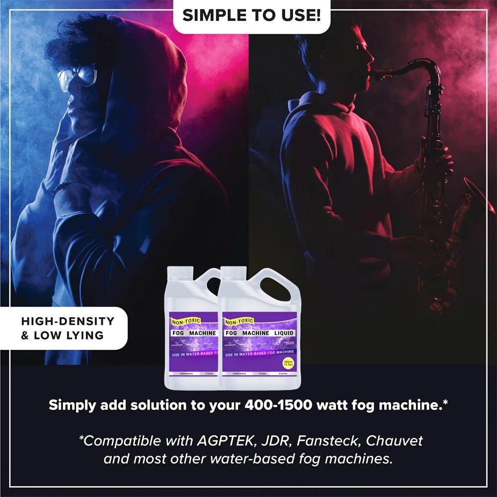 A product image showing a person using a fog machine and a bottle of fog machine fluid.