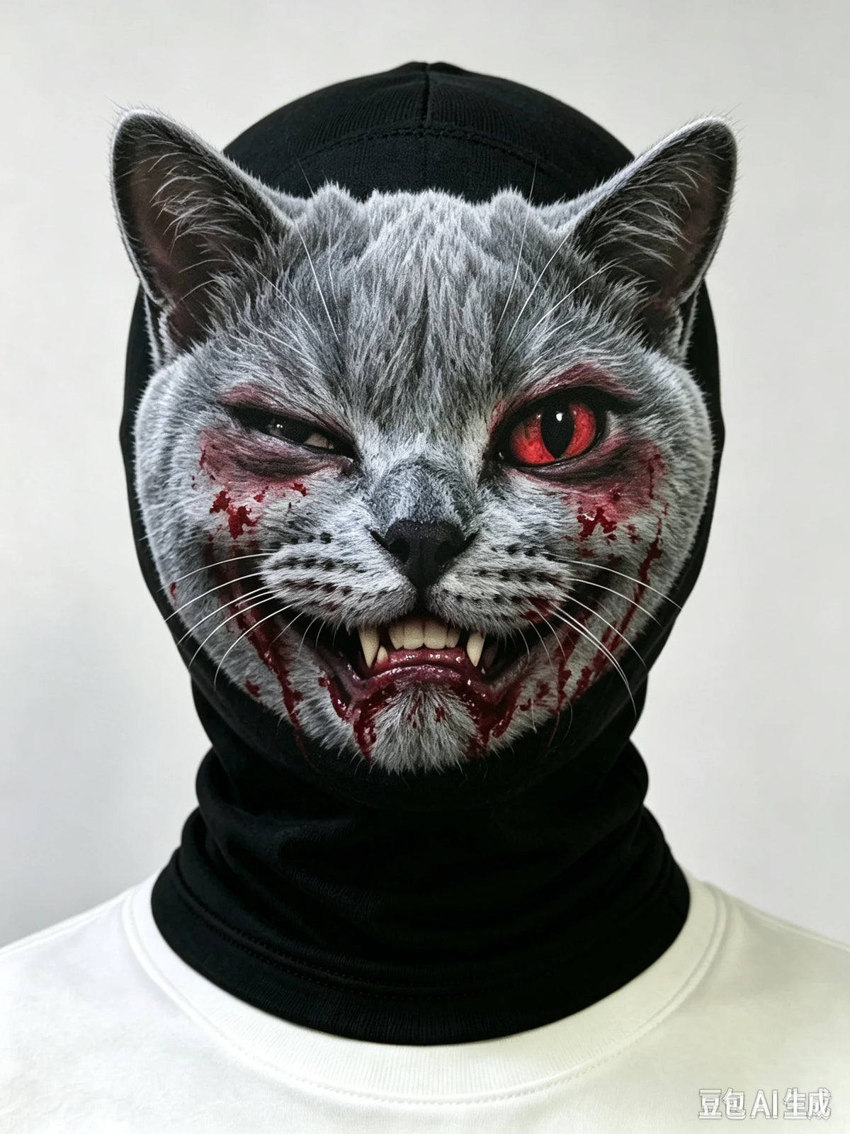 A realistic cat mask with blood effects and intense eyes worn as a black hood for cosplay.