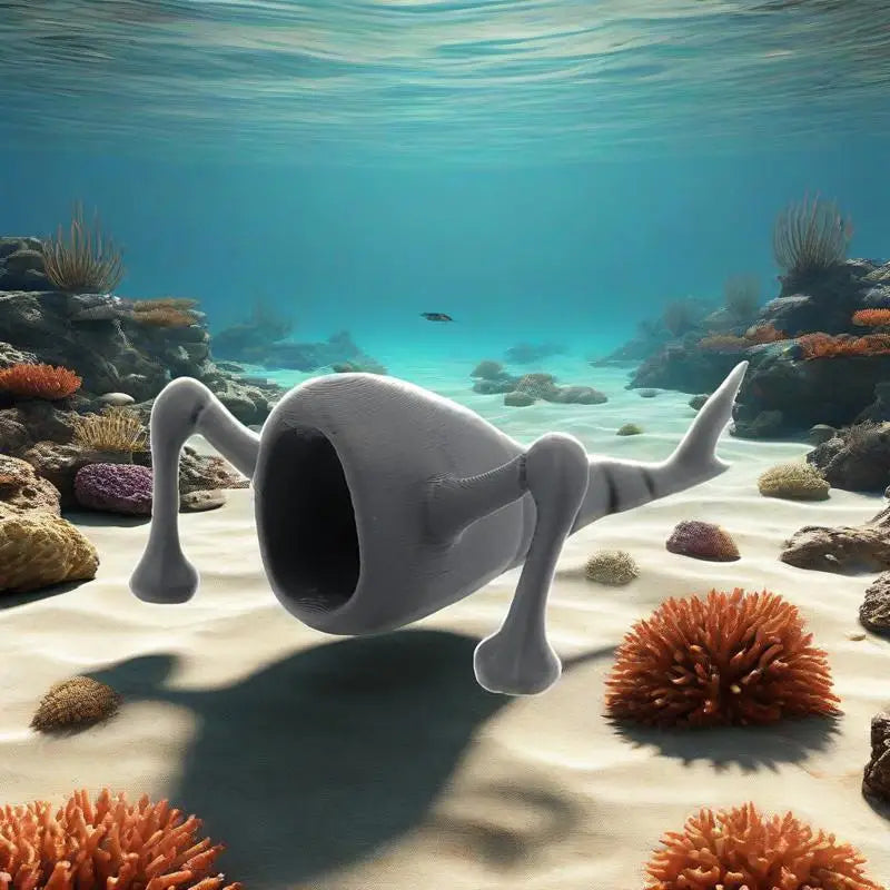 A white, articulated sea monster fidget toy swims through clear blue water near a sandy seabed with coral and rocks.