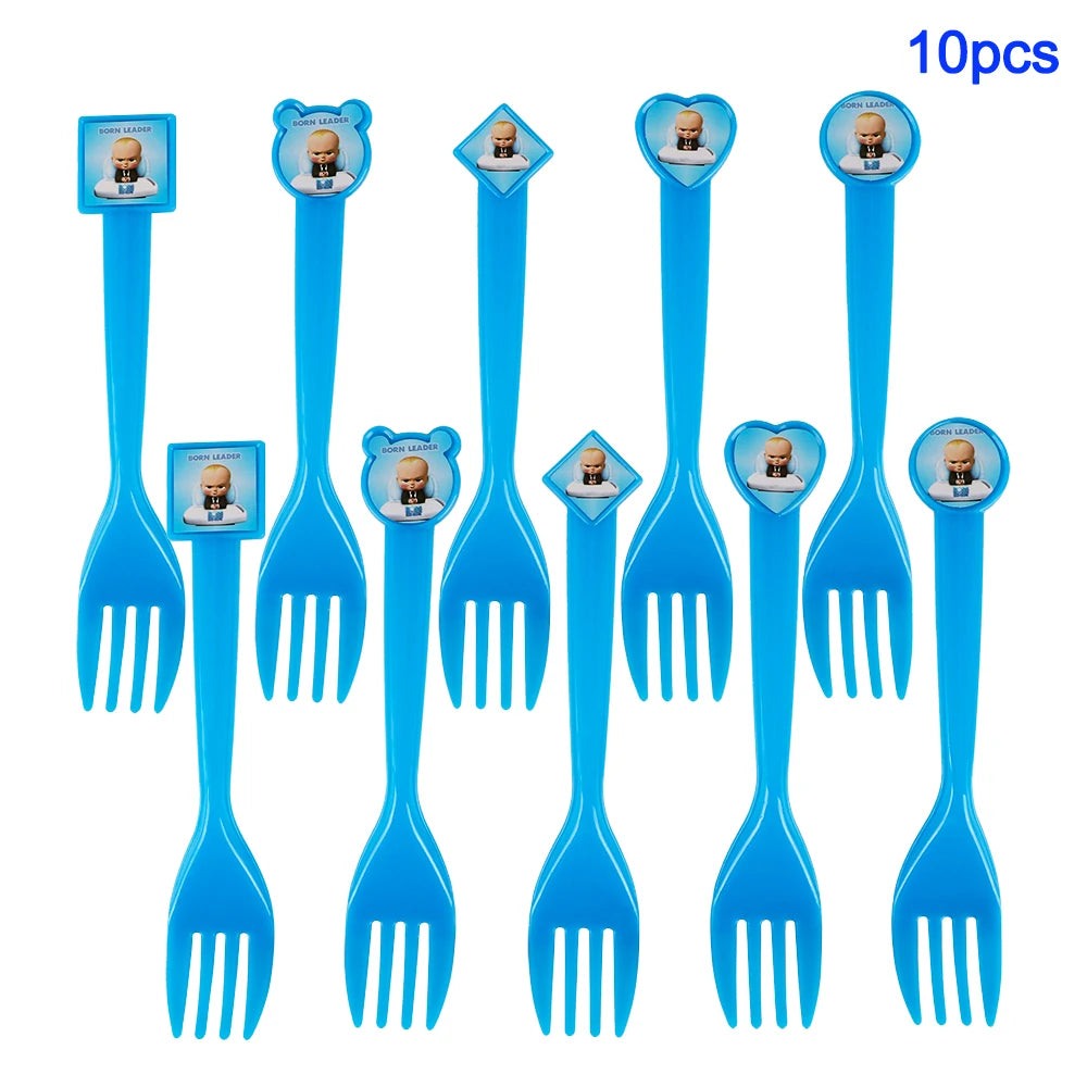 A set of 10 baby boss themed disposable forks and spoons for party decorations