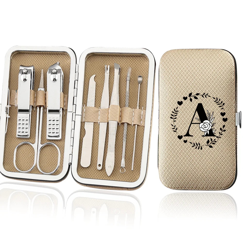 An open leather case displaying an 8-piece stainless steel manicure and pedicure kit with various tools.