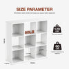 White 9-cube wooden storage organizer bookcase with open shelves showing size parameters and load capacity