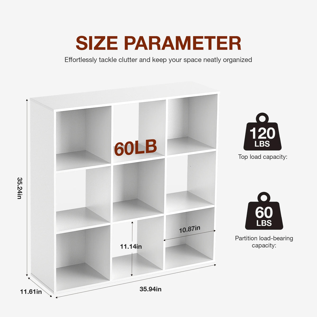 White 9-cube wooden storage organizer bookcase with open shelves showing size parameters and load capacity