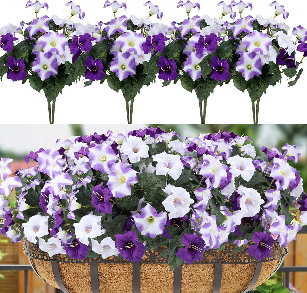 A close-up of artificial petunia flowers in purple and white with vines arranged in a basket.