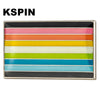 A rectangular lapel pin featuring a horizontal array of rainbow colored stripes.