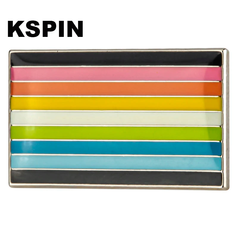 A rectangular lapel pin featuring a horizontal array of rainbow colored stripes.