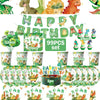 A set of dinosaur birthday party supplies including balloons, banner, and cake topper