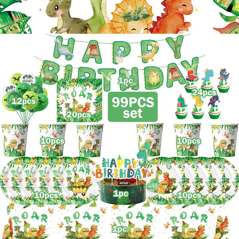 A set of dinosaur birthday party supplies including balloons, banner, and cake topper