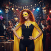 A woman in a black outfit and yellow cape with a yellow mask posing in a dramatic, dark setting.