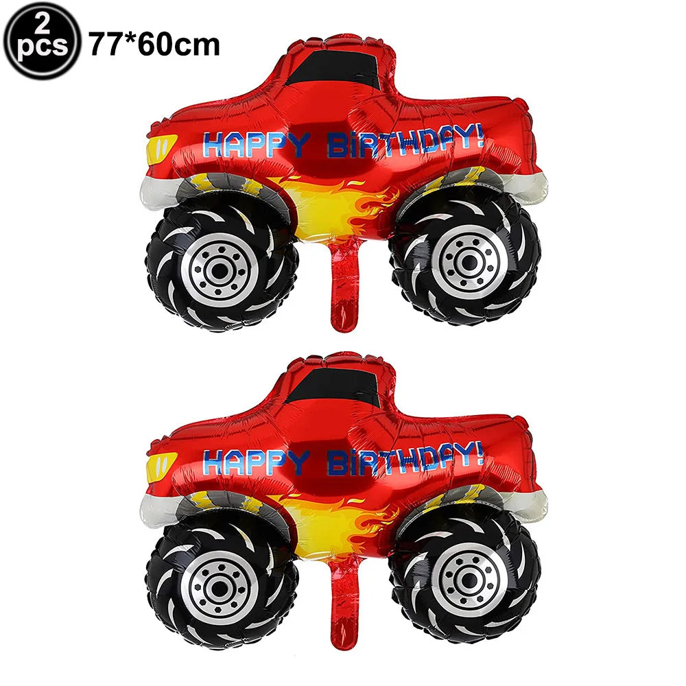 Red construction vehicle themed birthday party tableware set with yellow accents and tires