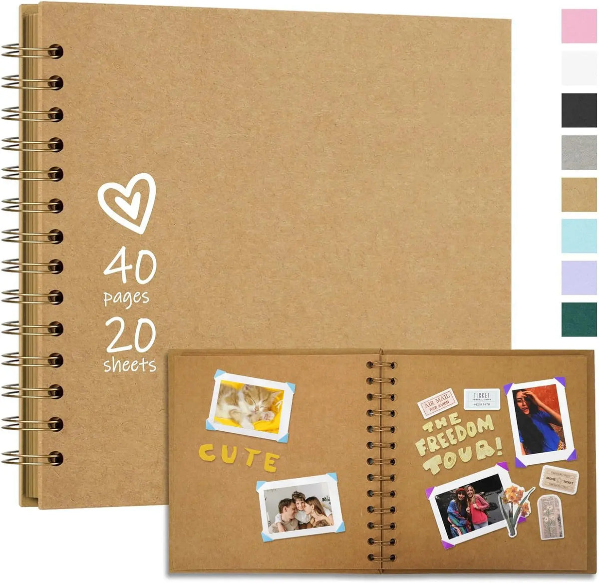 A brown spiral-bound scrapbook photo album with 40 pages and 20 sheets, featuring decorative elements.