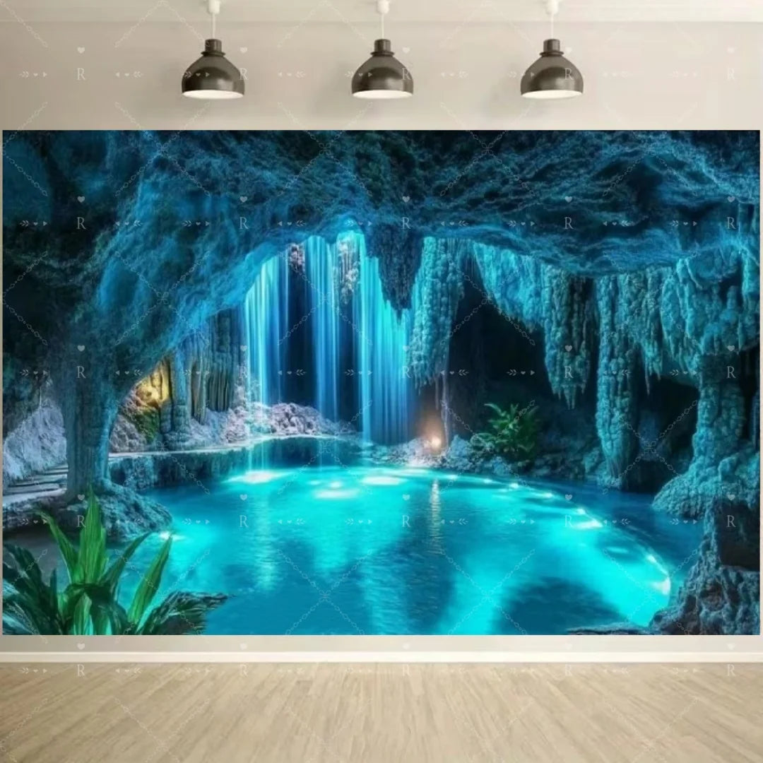 A vibrant blue cave scene with glowing water and lush green foliage used as a backdrop.