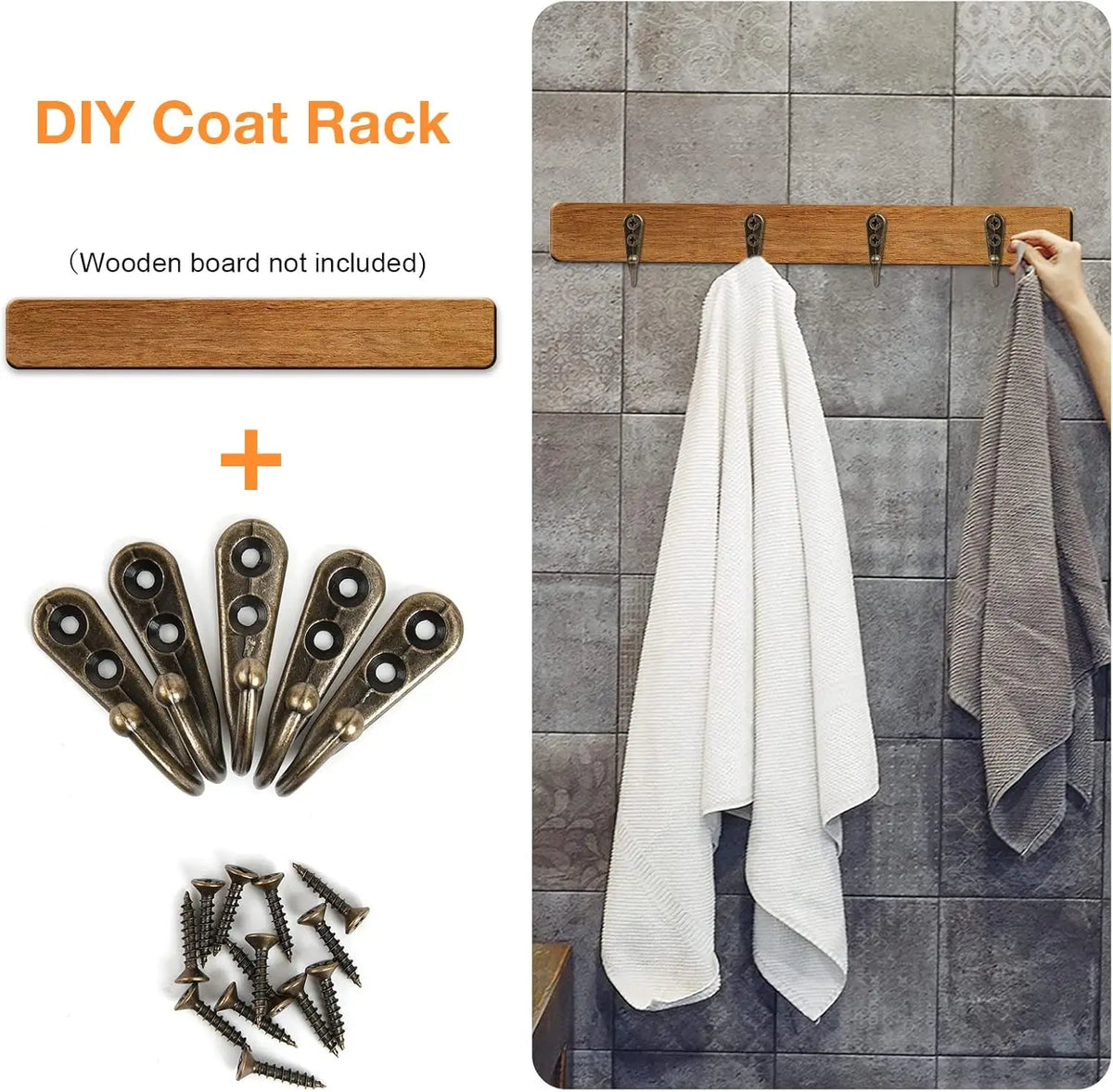 DIY coat rack kit showing aluminum wall-mounted hooks and screws for hanging coats, towels, and bags