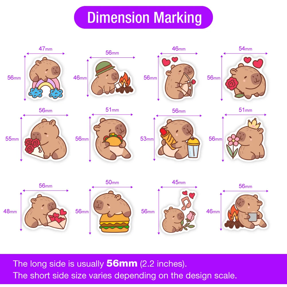 Dimension marking guide showing various sizes and measurements for capybara decal stickers.