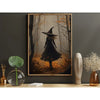 Canvas wall art depicting a dark witch in a wide-brimmed hat standing in an autumnal forest setting.
