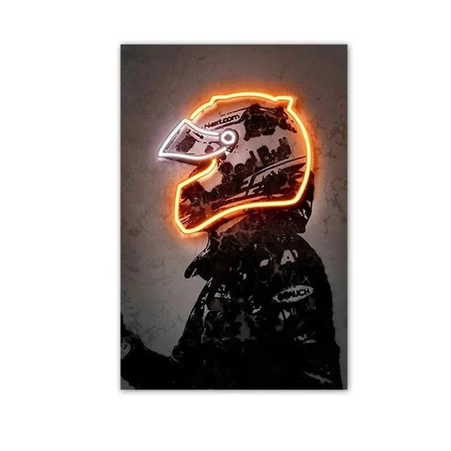 Neon outline of a motorcycle helmet silhouette against a dark background.