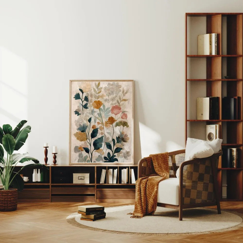 Gerahmtes Leinwandbild mit erdigen Blumenwerken auf einem Holzregal in einem hellen Raum.