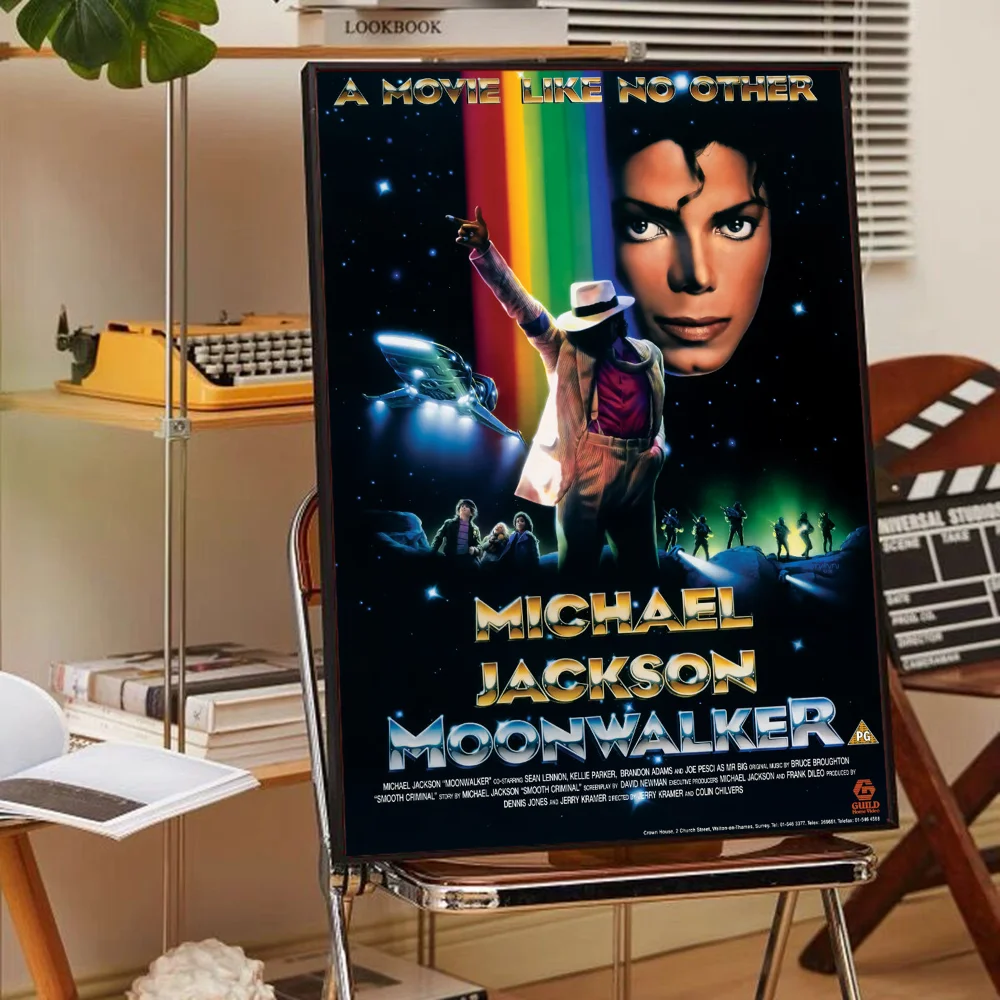 A vintage-style wall art poster featuring Michael Jackson with a rainbow and a silver bird in space.