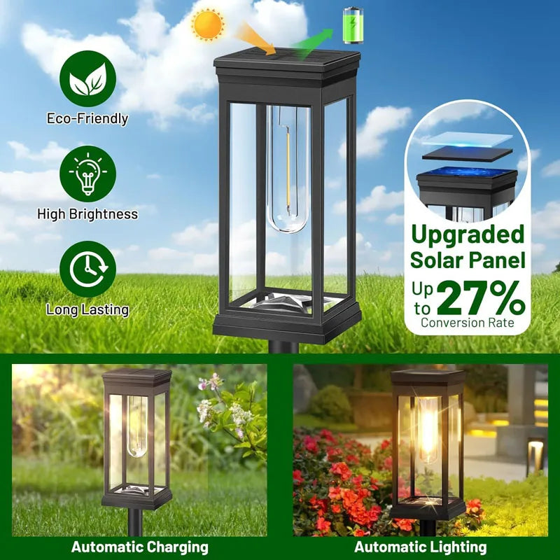 A black retro solar pathway light with an illuminated glass bulb, showing automatic charging and lighting features.