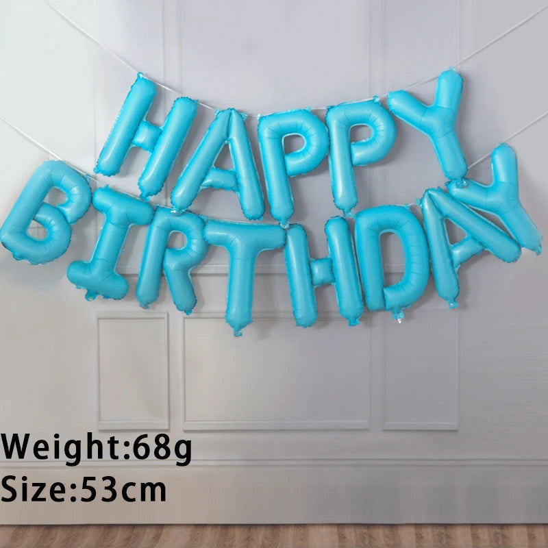 A string of blue foil letter balloons spelling out Happy Birthday displayed on a white wall.