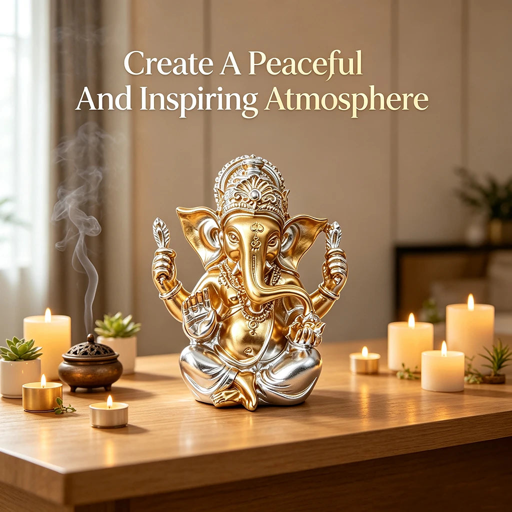 A golden Ganesha statue figurine of the Hindu elephant god placed on a wooden table with lit candles.