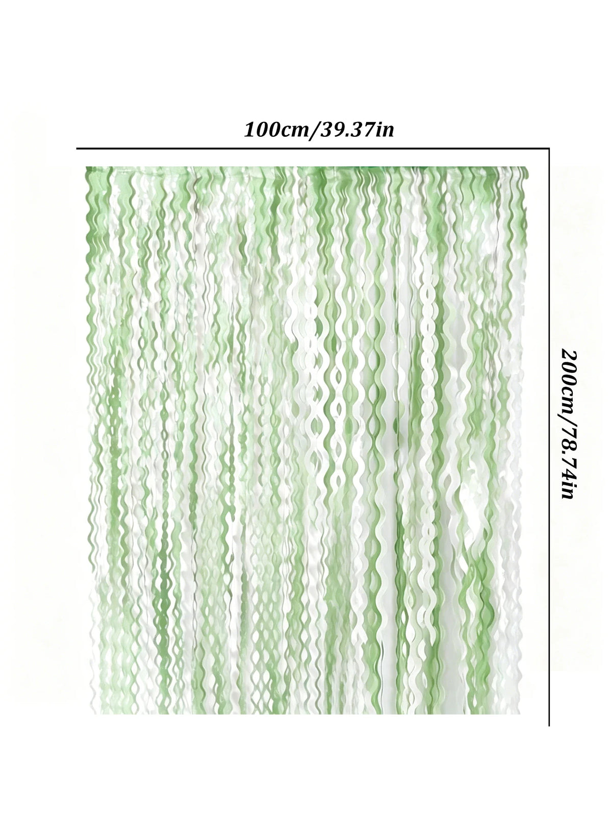 Vertical display of sage green wavy foil fringe curtain streamers in varying shades.