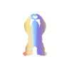 A colorful, iridescent vinyl decal shaped like a Bigfoot handprint and heart.